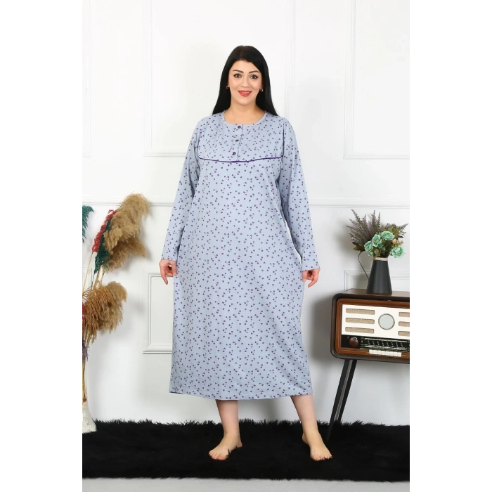 Moda Çizgi Kadın Büyük Beden Uzun Kol İndigo Anne Gecelik 1366