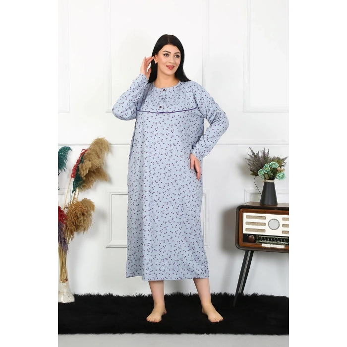 Moda Çizgi Kadın Büyük Beden Uzun Kol İndigo Anne Gecelik 1366