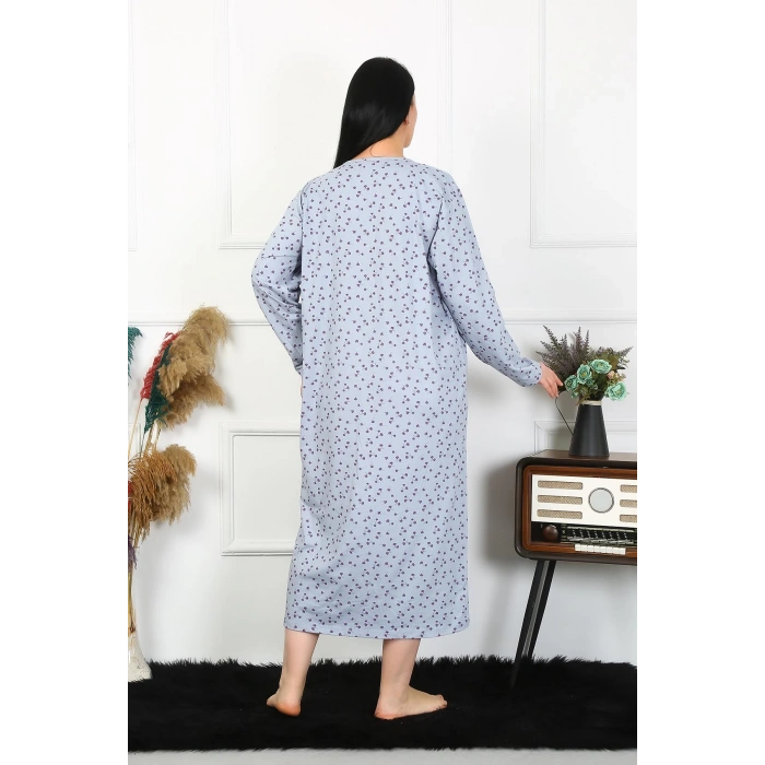 Moda Çizgi Kadın Büyük Beden Uzun Kol İndigo Anne Gecelik 1366