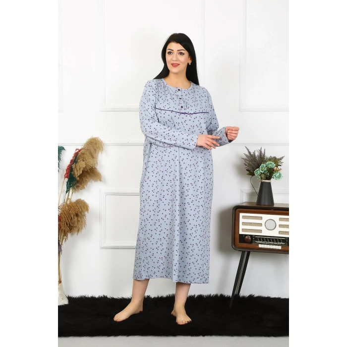 Moda Çizgi Kadın Büyük Beden Uzun Kol İndigo Anne Gecelik 1366