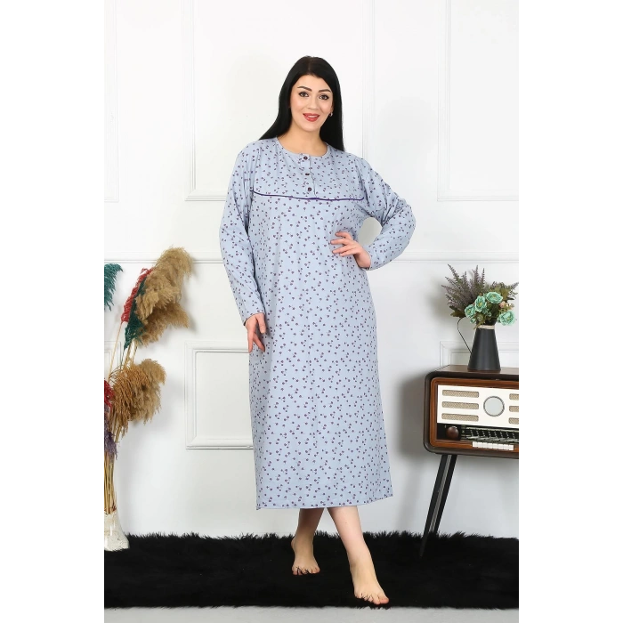 Moda Çizgi Kadın Büyük Beden Uzun Kol İndigo Anne Gecelik 1366