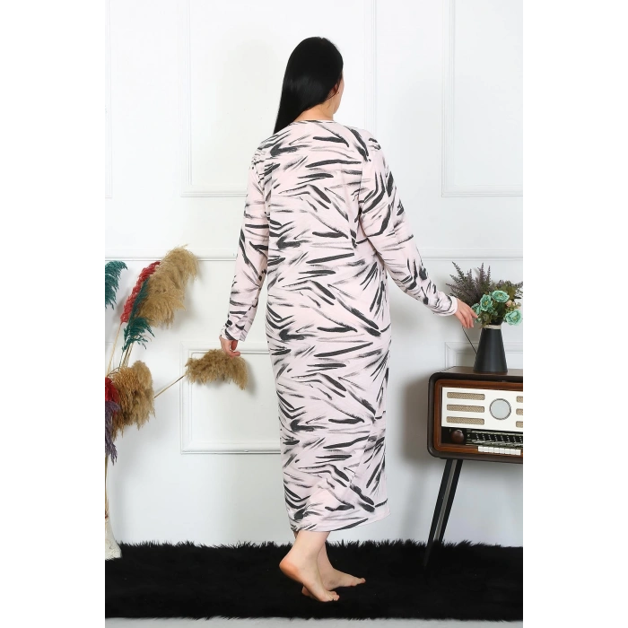 Moda Çizgi Kadın Büyük Beden Uzun Kol Krem Anne Gecelik 1362