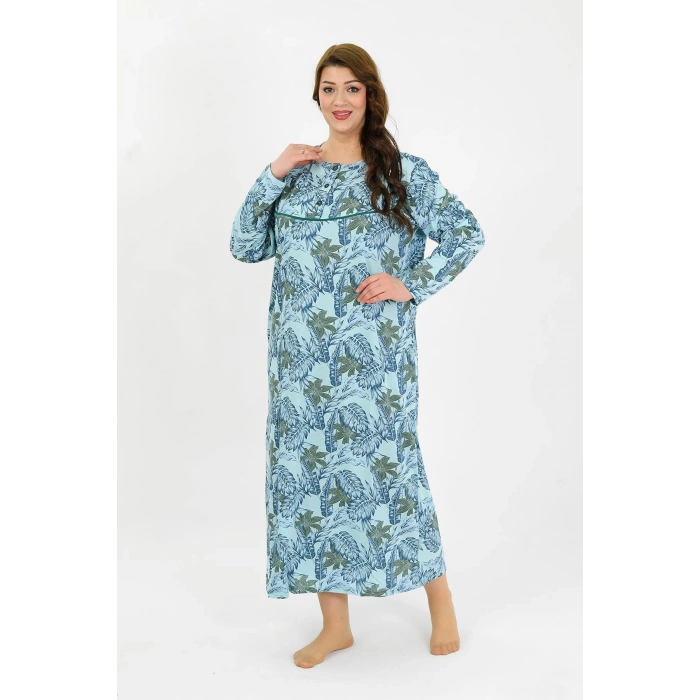 Moda Çizgi Kadın Büyük Beden Uzun Kol Mavi Anne Gecelik 1378