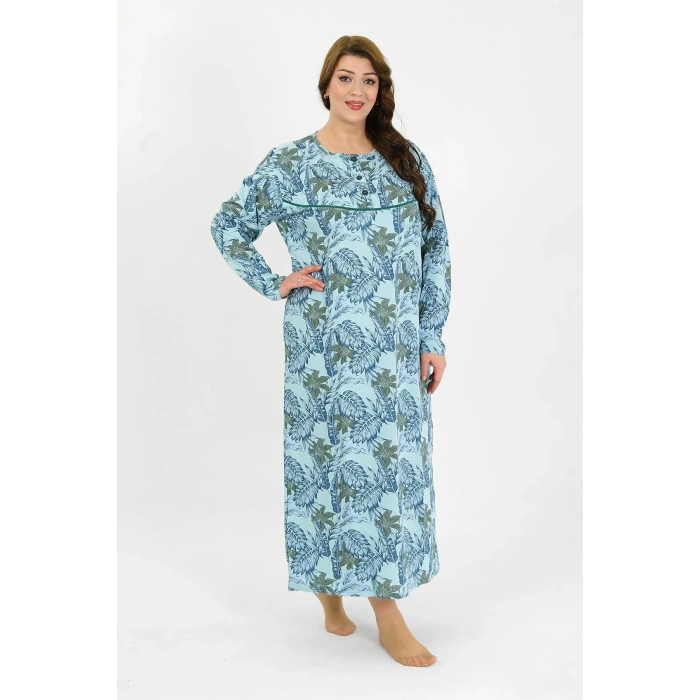 Moda Çizgi Kadın Büyük Beden Uzun Kol Mavi Anne Gecelik 1378