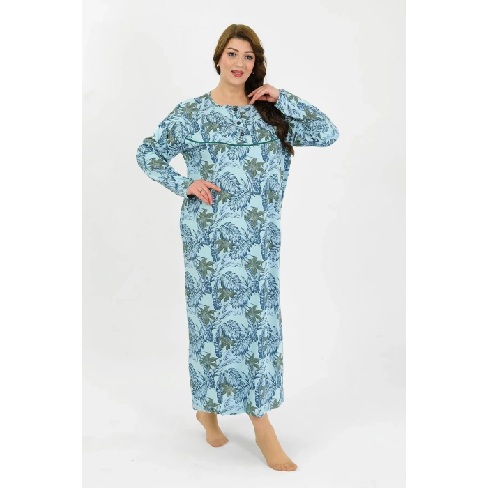 Moda Çizgi Kadın Büyük Beden Uzun Kol Mavi Anne Gecelik 1378