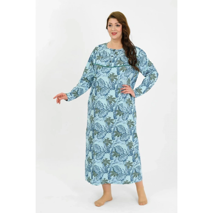 Moda Çizgi Kadın Büyük Beden Uzun Kol Mavi Anne Gecelik 1378