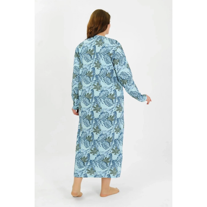 Moda Çizgi Kadın Büyük Beden Uzun Kol Mavi Anne Gecelik 1378
