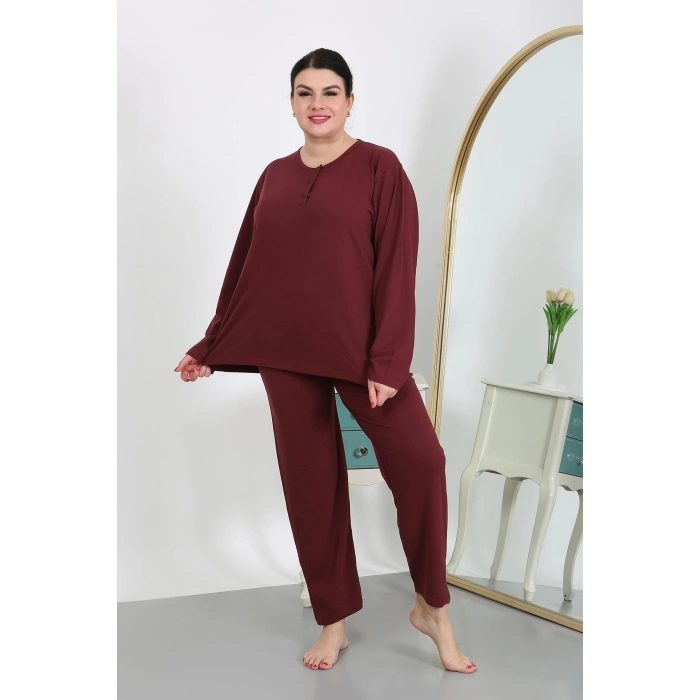 Moda Çizgi Kadın Büyük Beden Uzun Kol Penye Pijama Takımı Bordo 202501