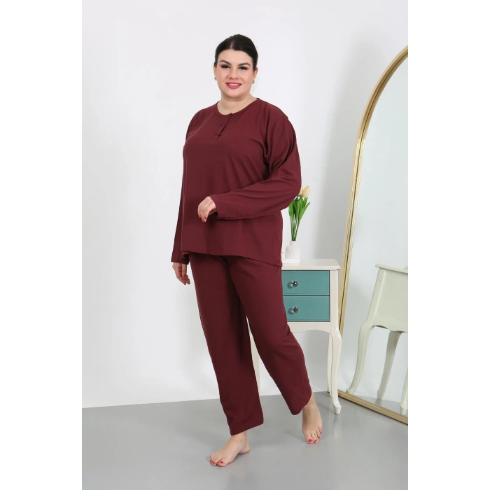 Moda Çizgi Kadın Büyük Beden Uzun Kol Penye Pijama Takımı Bordo 202501