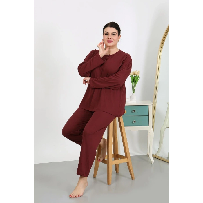 Moda Çizgi Kadın Büyük Beden Uzun Kol Penye Pijama Takımı Bordo 202501