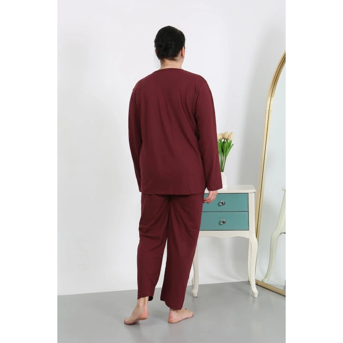 Moda Çizgi Kadın Büyük Beden Uzun Kol Penye Pijama Takımı Bordo 202501