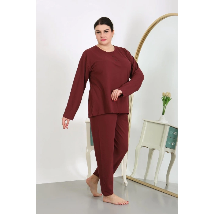 Moda Çizgi Kadın Büyük Beden Uzun Kol Penye Pijama Takımı Bordo 202501
