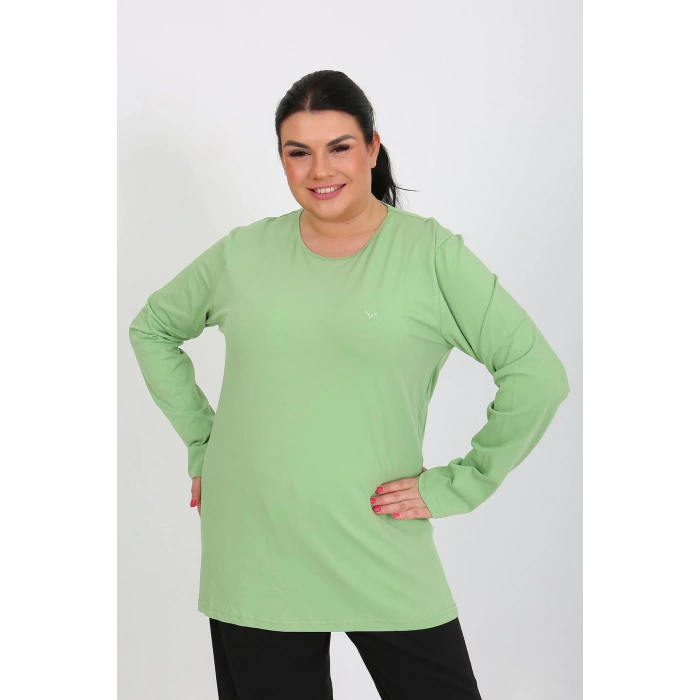 Moda Çizgi Kadın Büyük Beden Uzun Kol Penye Pijama Takımı Fıstık Yeşili 202408