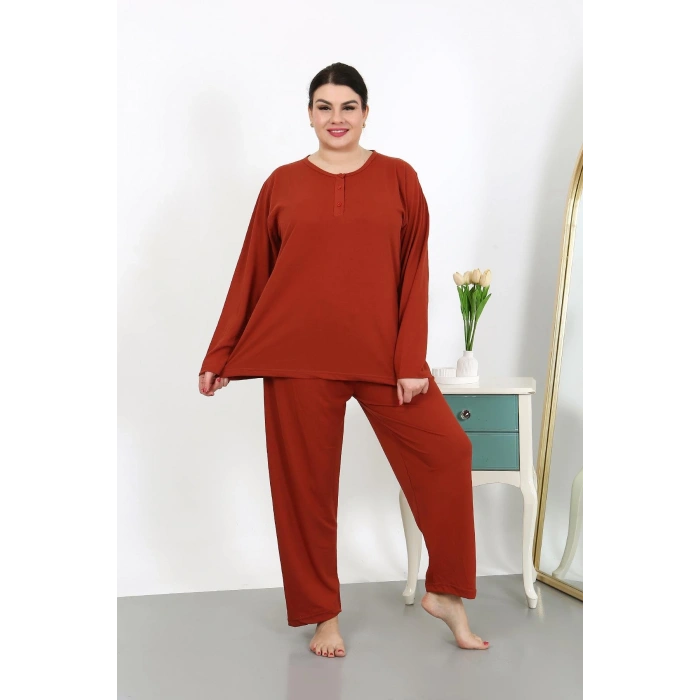 Moda Çizgi Kadın Büyük Beden Uzun Kol Penye Pijama Takımı Kiremit 202501