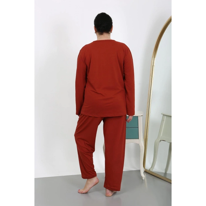 Moda Çizgi Kadın Büyük Beden Uzun Kol Penye Pijama Takımı Kiremit 202501