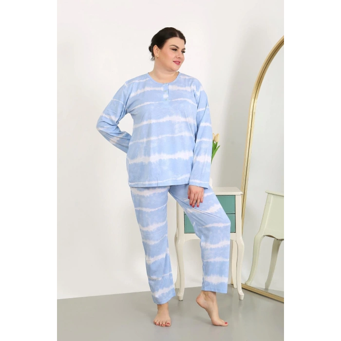 Moda Çizgi Kadın Büyük Beden Uzun Kol Penye Pijama Takımı Mavi 202502