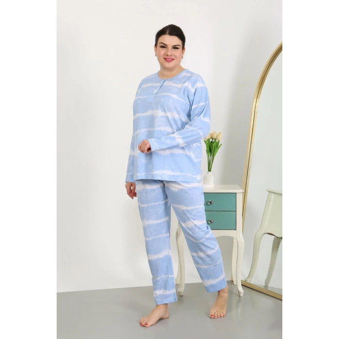 Moda Çizgi Kadın Büyük Beden Uzun Kol Penye Pijama Takımı Mavi 202502