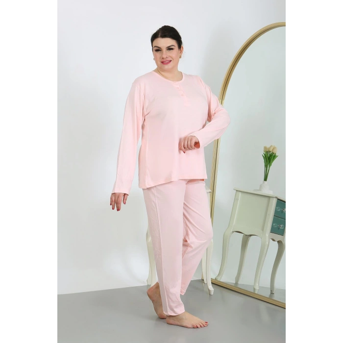 Moda Çizgi Kadın Büyük Beden Uzun Kol Penye Pijama Takımı Pembe 202501