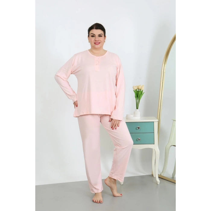 Moda Çizgi Kadın Büyük Beden Uzun Kol Penye Pijama Takımı Pembe 202501