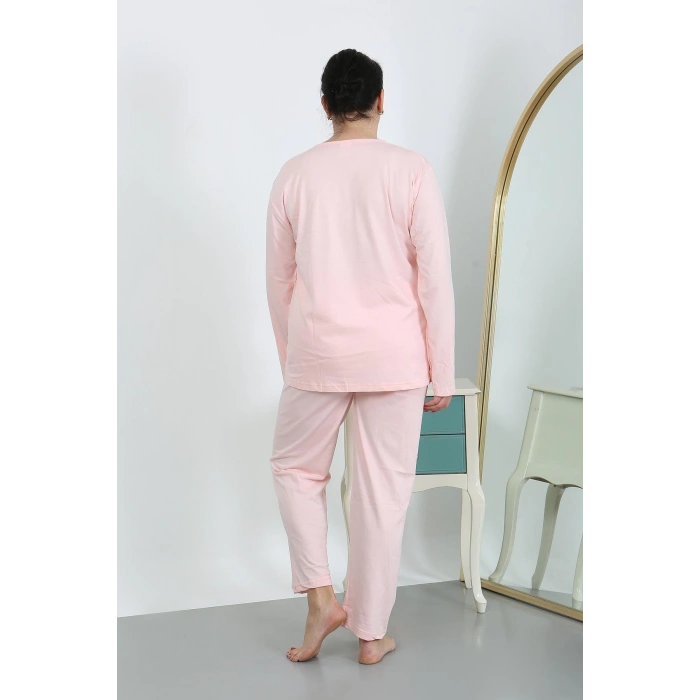 Moda Çizgi Kadın Büyük Beden Uzun Kol Penye Pijama Takımı Pembe 202501