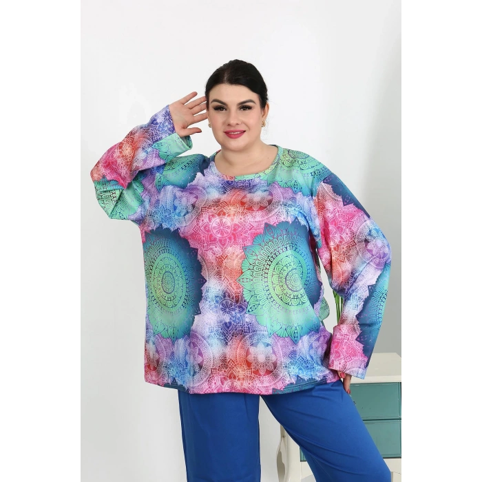 Moda Çizgi Kadın Büyük Beden Uzun Kol Penye Pijama Takımı Saks 202503