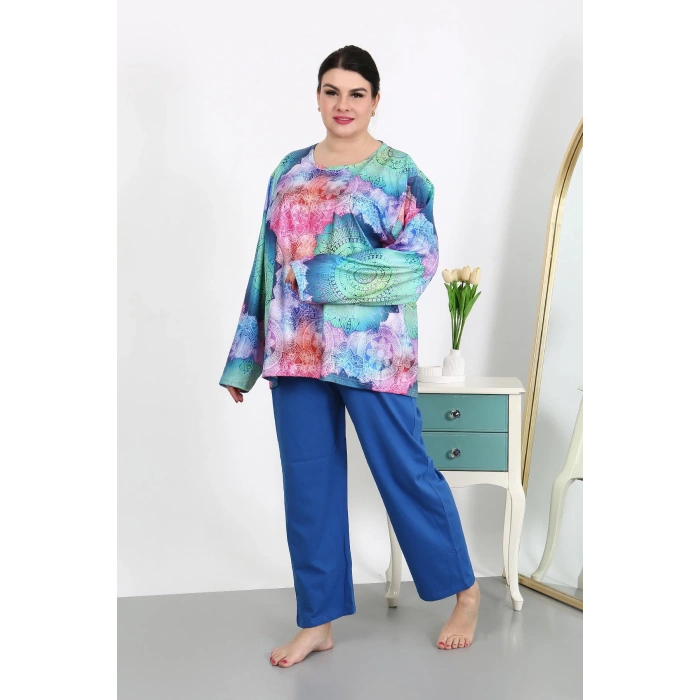 Moda Çizgi Kadın Büyük Beden Uzun Kol Penye Pijama Takımı Saks 202503