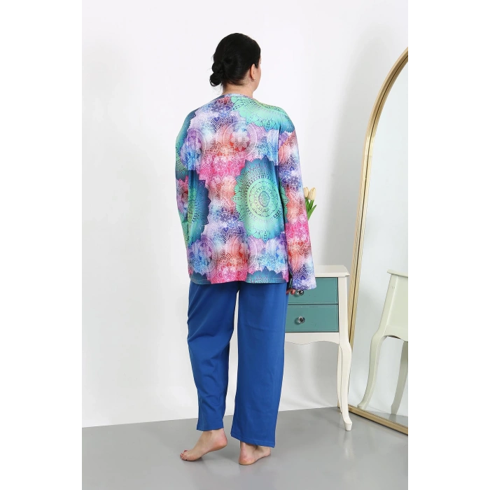Moda Çizgi Kadın Büyük Beden Uzun Kol Penye Pijama Takımı Saks 202503
