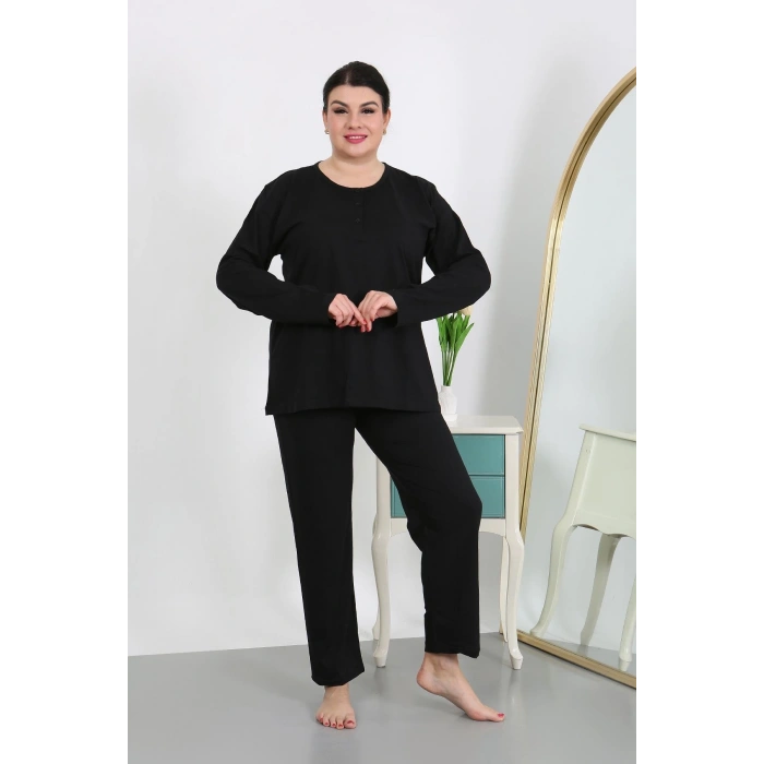 Moda Çizgi Kadın Büyük Beden Uzun Kol Penye Pijama Takımı Siyah 202501