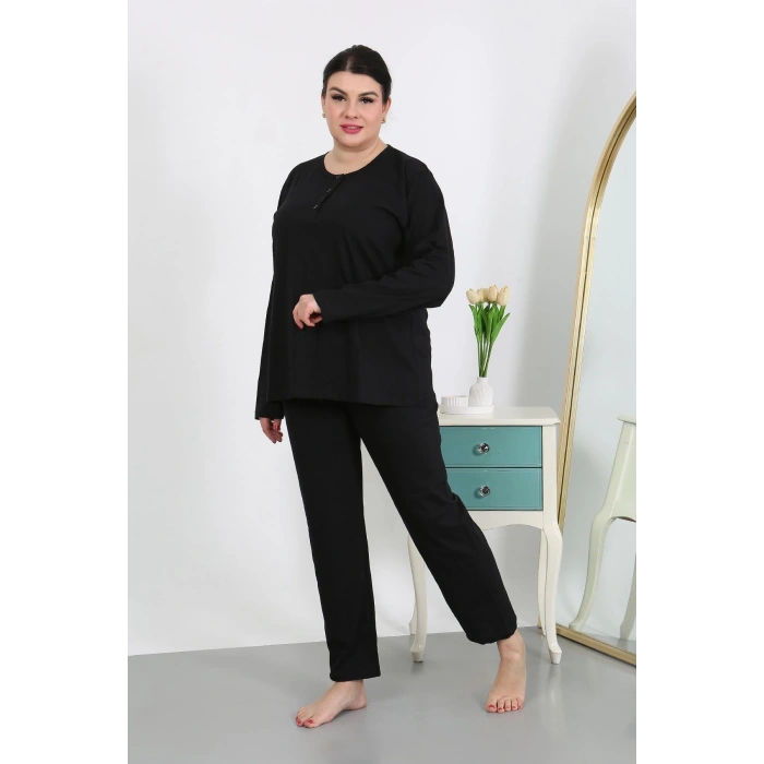 Moda Çizgi Kadın Büyük Beden Uzun Kol Penye Pijama Takımı Siyah 202501