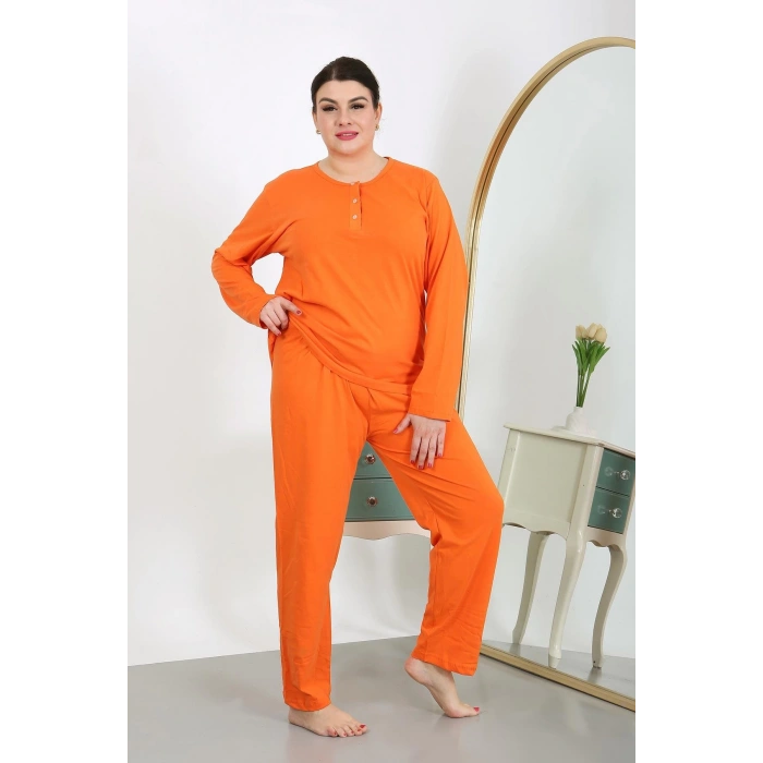 Moda Çizgi Kadın Büyük Beden Uzun Kol Penye Pijama Takımı Turuncu 202501