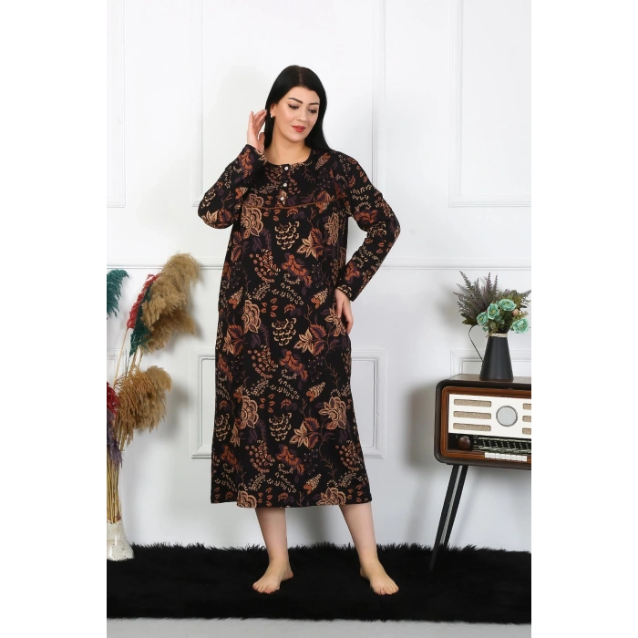 Moda Çizgi Kadın Büyük Beden Uzun Kol Siyah Anne Gecelik 1367