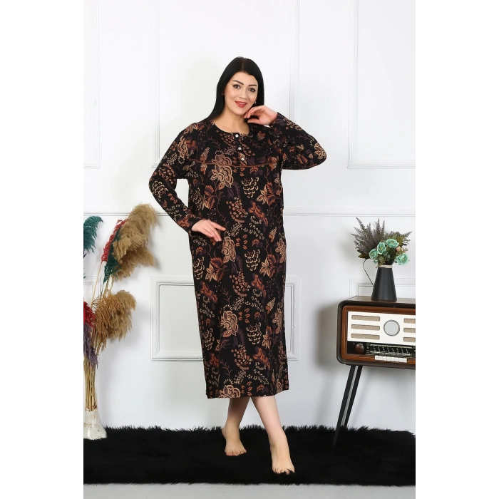 Moda Çizgi Kadın Büyük Beden Uzun Kol Siyah Anne Gecelik 1367