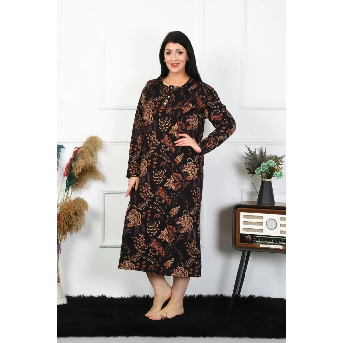 Moda Çizgi Kadın Büyük Beden Uzun Kol Siyah Anne Gecelik 1367