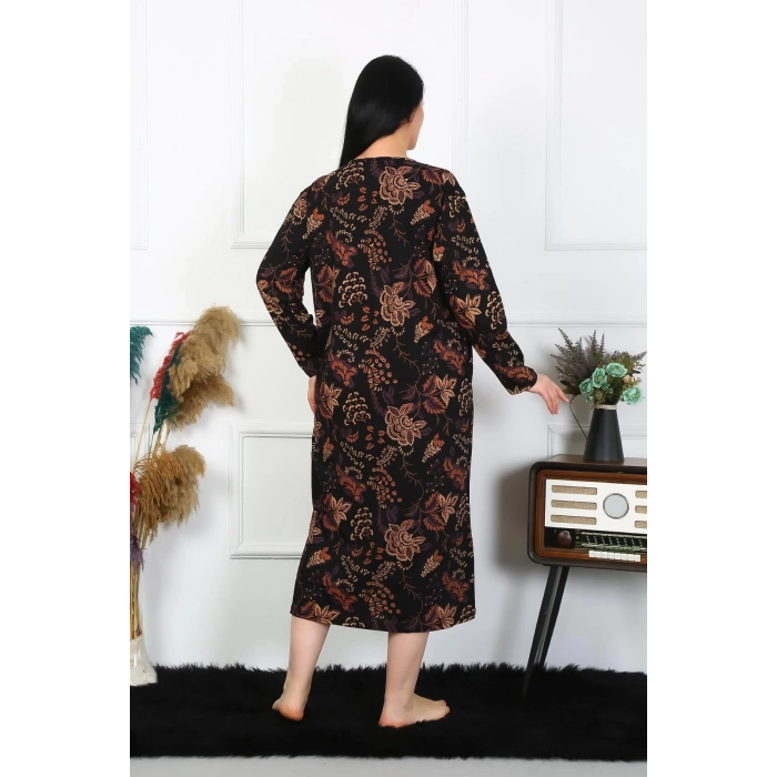 Moda Çizgi Kadın Büyük Beden Uzun Kol Siyah Anne Gecelik 1367