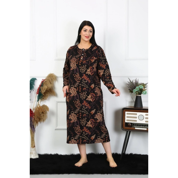 Moda Çizgi Kadın Büyük Beden Uzun Kol Siyah Anne Gecelik 1367