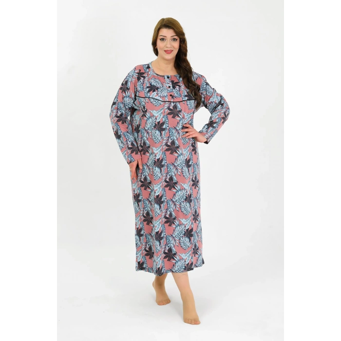 Moda Çizgi Kadın Büyük Beden Uzun Kol Somon Anne Gecelik 1378