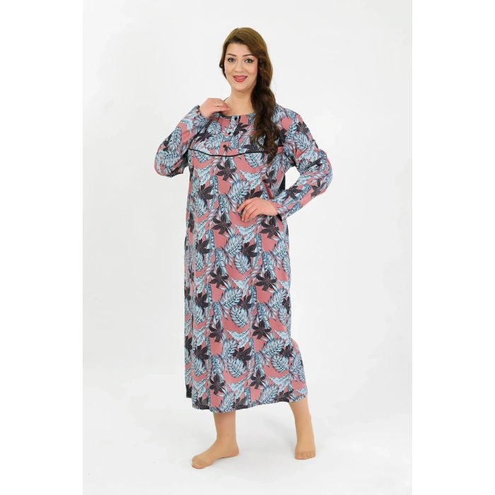 Moda Çizgi Kadın Büyük Beden Uzun Kol Somon Anne Gecelik 1378