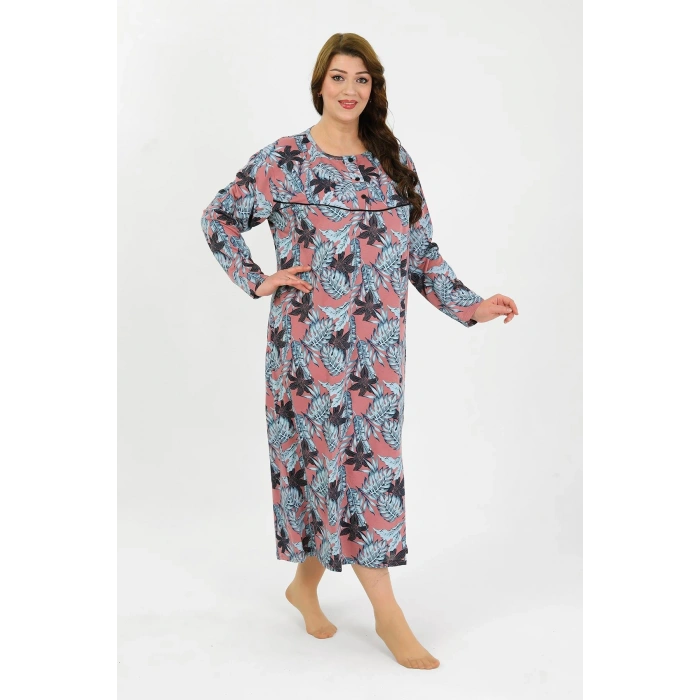 Moda Çizgi Kadın Büyük Beden Uzun Kol Somon Anne Gecelik 1378