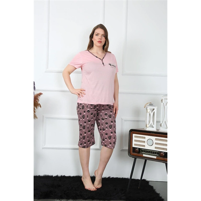 Moda Çizgi Kadın Büyük Beden Viscon  Kapri Pijama Takım 202202