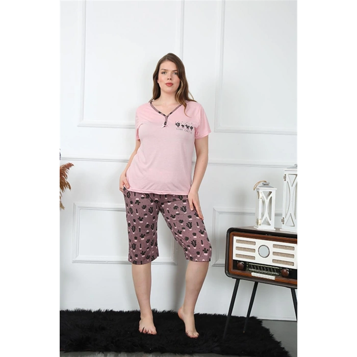 Moda Çizgi Kadın Büyük Beden Viscon  Kapri Pijama Takım 202202