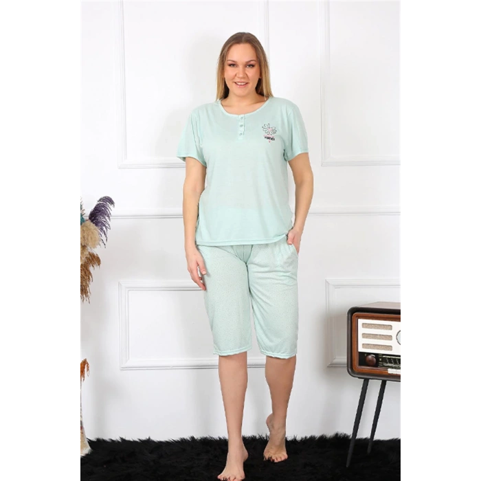 Moda Çizgi Kadın Büyük Beden Viscon Su Yeşili Kapri Pijama Takım 202193