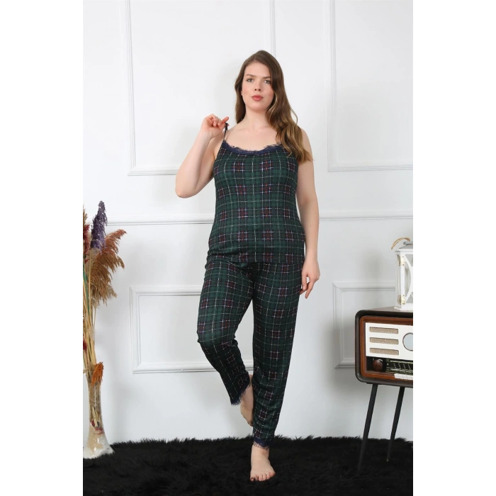 Moda Çizgi Kadın Büyük Beden Yeşil Ekoseli İp Askılı Pijama Takım 202197