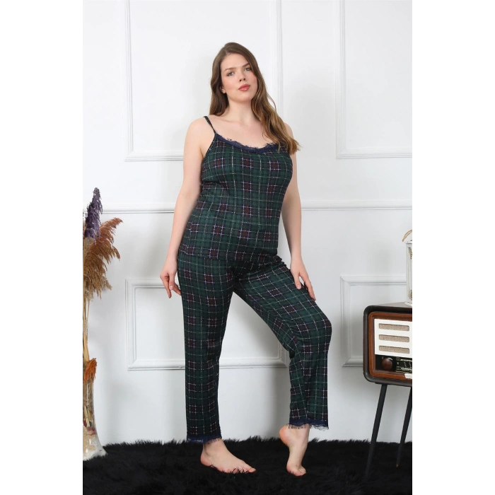 Moda Çizgi Kadın Büyük Beden Yeşil Ekoseli İp Askılı Pijama Takım 202197