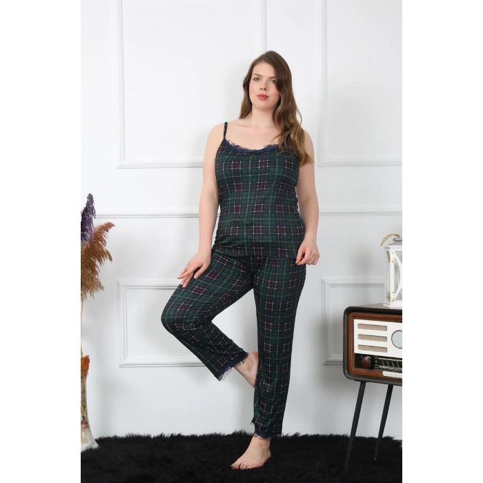 Moda Çizgi Kadın Büyük Beden Yeşil Ekoseli İp Askılı Pijama Takım 202197