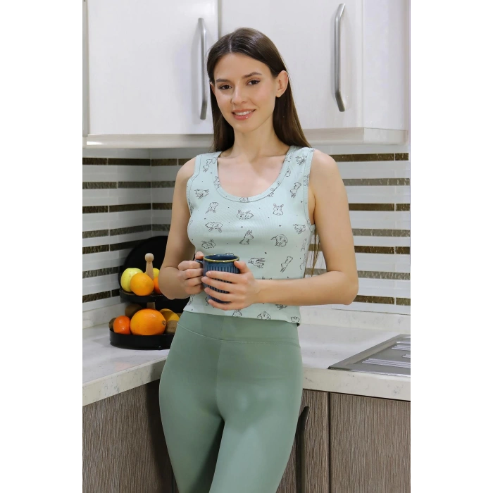 Moda Çizgi Kadın Crop Büstiyer Tayt Alt Üst Takım SuYeşili 5910