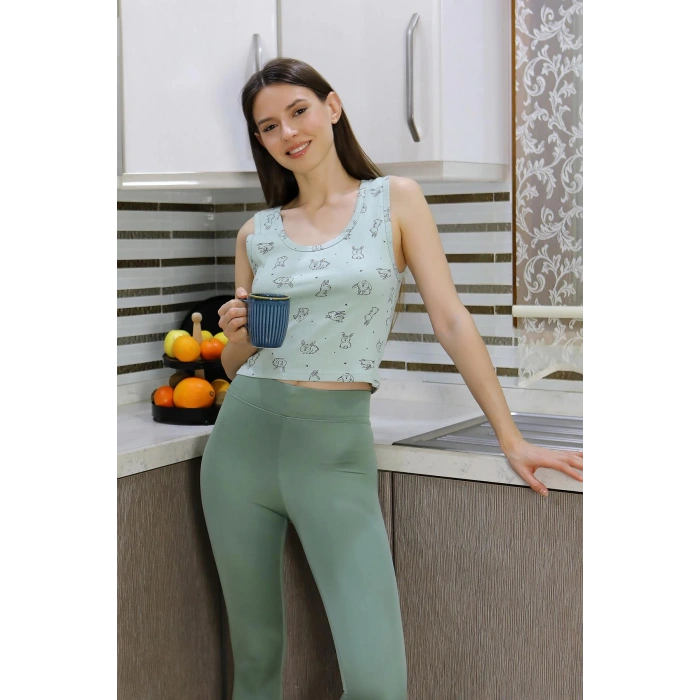 Moda Çizgi Kadın Crop Büstiyer Tayt Alt Üst Takım SuYeşili 5910