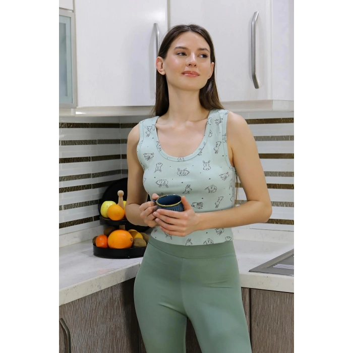 Moda Çizgi Kadın Crop Büstiyer Tayt Alt Üst Takım SuYeşili 5910