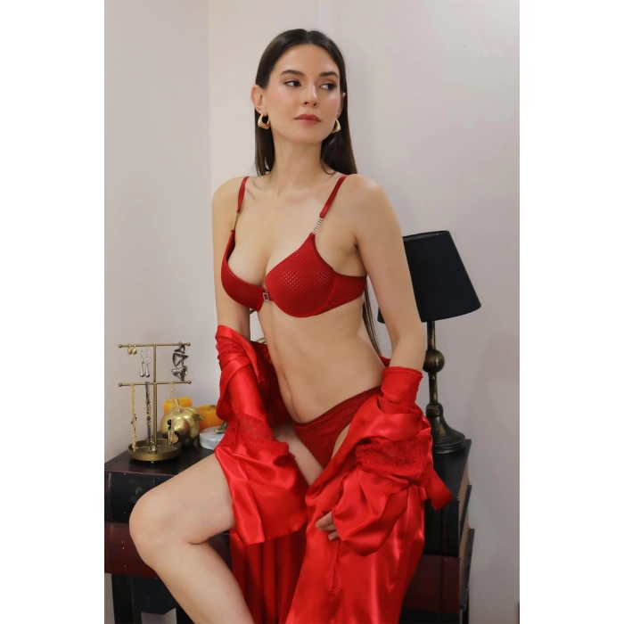 Moda Çizgi Kadın Destekli Aksesuarlı Sütyen Takım 3592 Kırmızı