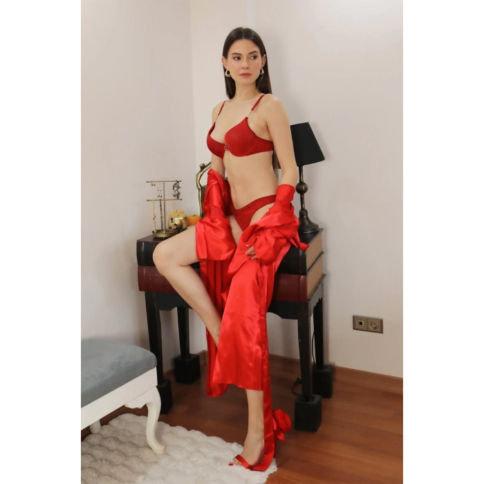 Moda Çizgi Kadın Destekli Aksesuarlı Sütyen Takım 3592 Kırmızı
