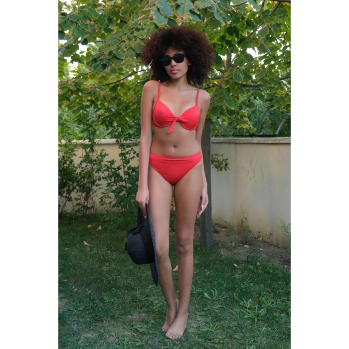 Moda Çizgi Kadın Destekli Fiyonklu Alt Üst Kırmızı Bikini Takım 35008